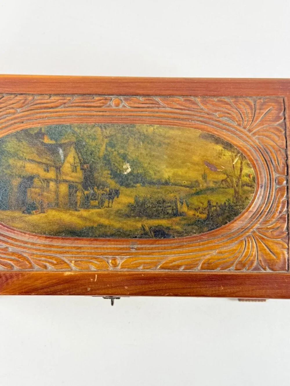 Vintage Cedar Wood Jewelry Box With Carved Floral Design & Landscape Scene Lid